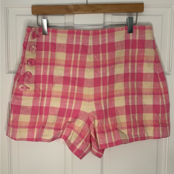 Anthropologie Maeve Tweed High Waisted Pink & Cream Plaid Side Button Shorts - Picture 5 of 15